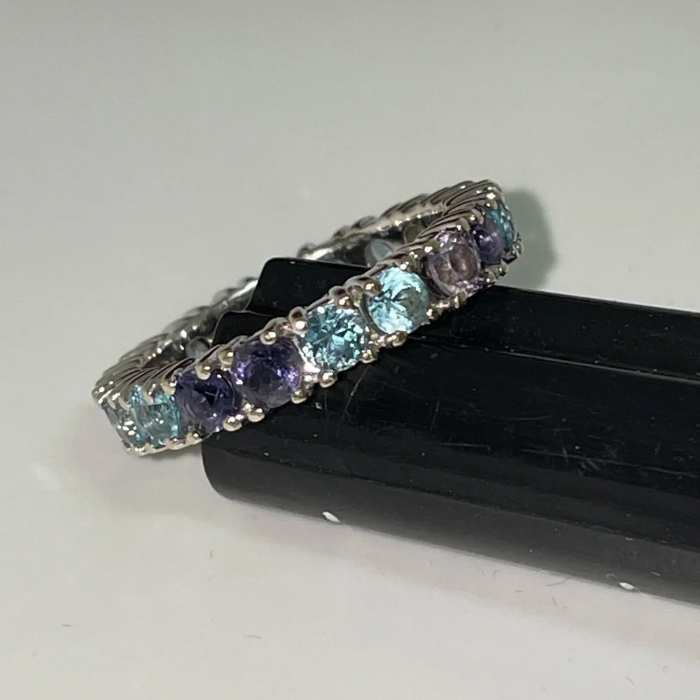 Solid 18K White Gold Eternity Band Ring (not 14K) Purple Blue Natural Gemstones